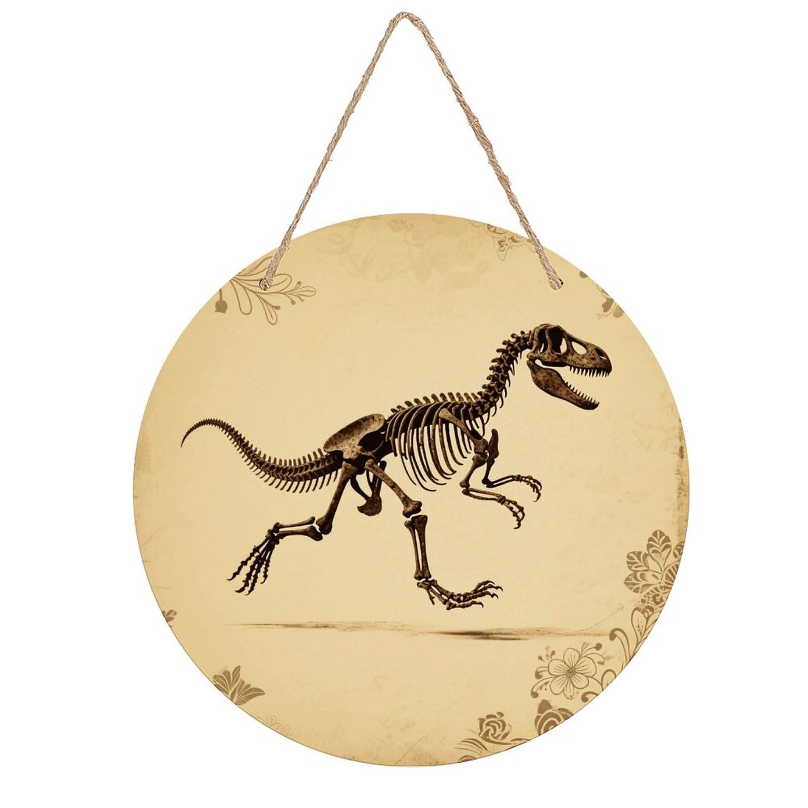 VstaDank Dinosaur Skeleton Print Wall Decor Round Wood Hanging Sign 7.9x7.9 in Wooden Circle Door Hanger with Ropes, Rustic Wall Art Decor for Home Front Door Indoor Outdoor Decoration