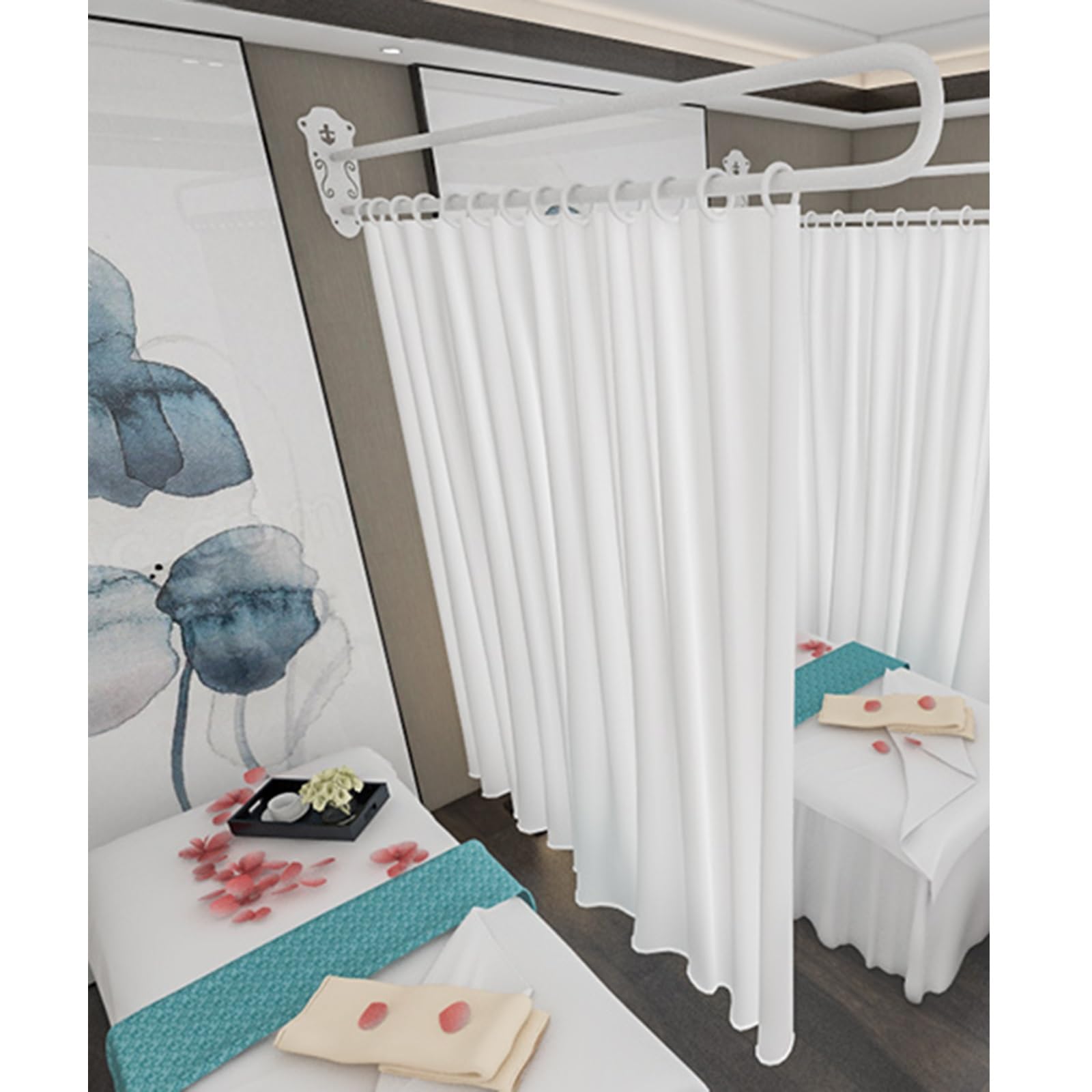 Wall Partition Room Divider Curtain Rod, Privacy Protection Drilling Metal Hanging Pole, for Hospital, Medical Clinic, Beauty Salon, Mall, Salon Lounge ( Color : White Rod with Curtain Set , Size : L