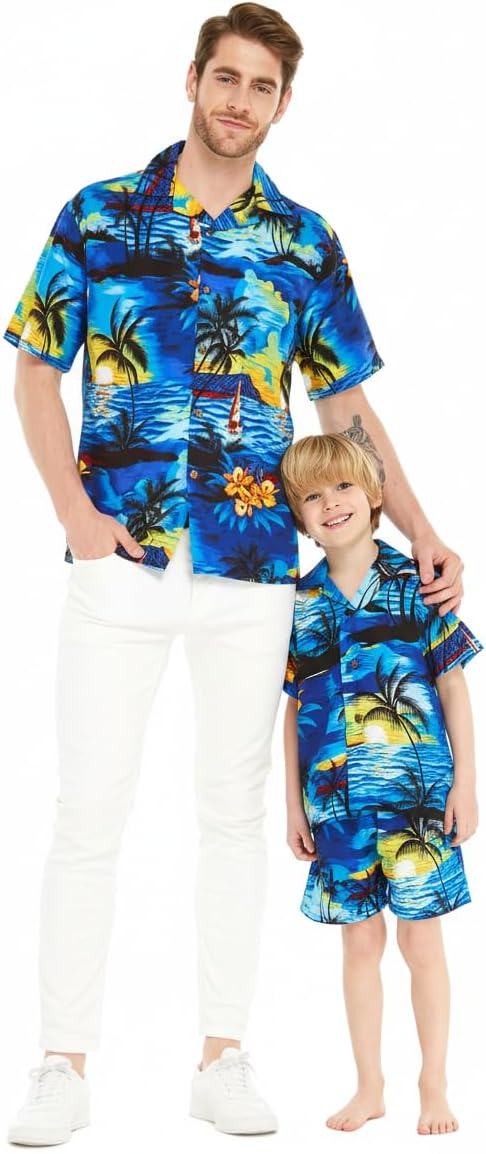 Matchable Hawaiian Luau Father Son Men Aloha Shirt or Boy Aloha Shirt in Sunset Blue