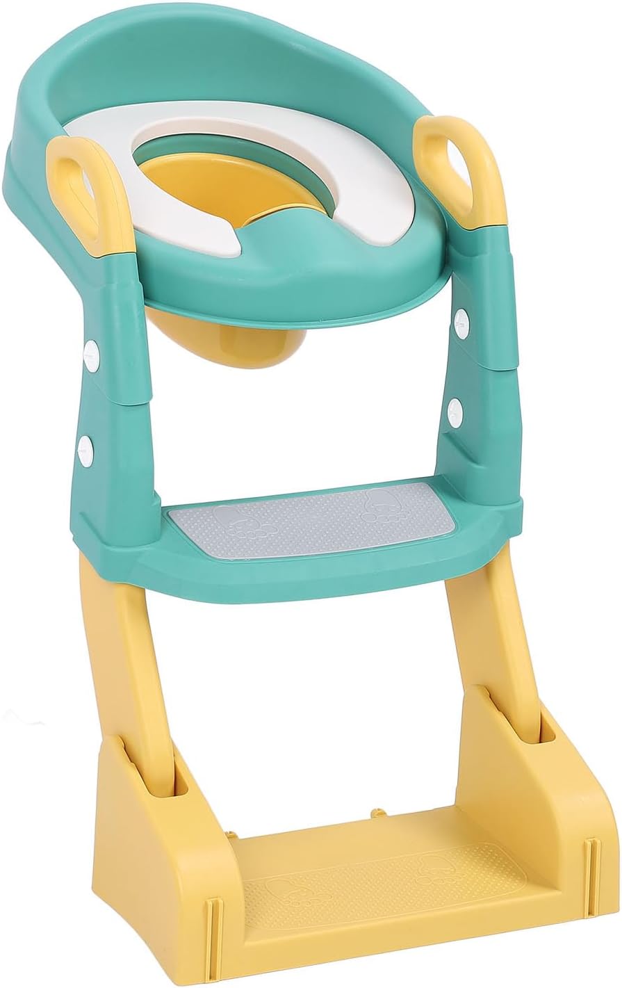 Dioche Potty Training Seat with Step Stool Ladder Versatile PU Anti Slip Folding Toilet Seat for Kids Toddlers Boys Girls 3 in 1 Green