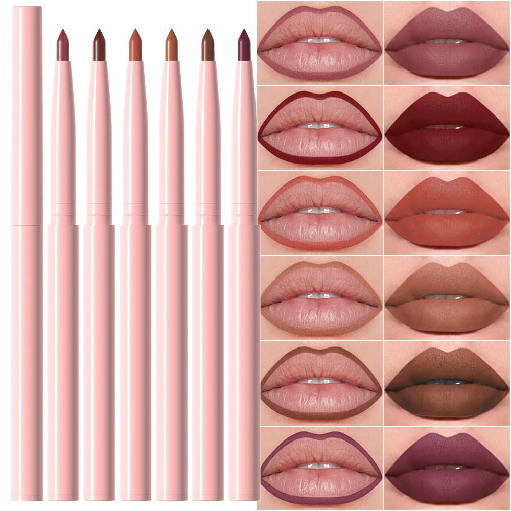 evpct 6Pcs Retractable Lip Liner Pencils Set Pack for Shaping & Sculpting Lips, Mauve Maroon Red Orange Nude Chocolate Dark Brown Plum Creamy Matte