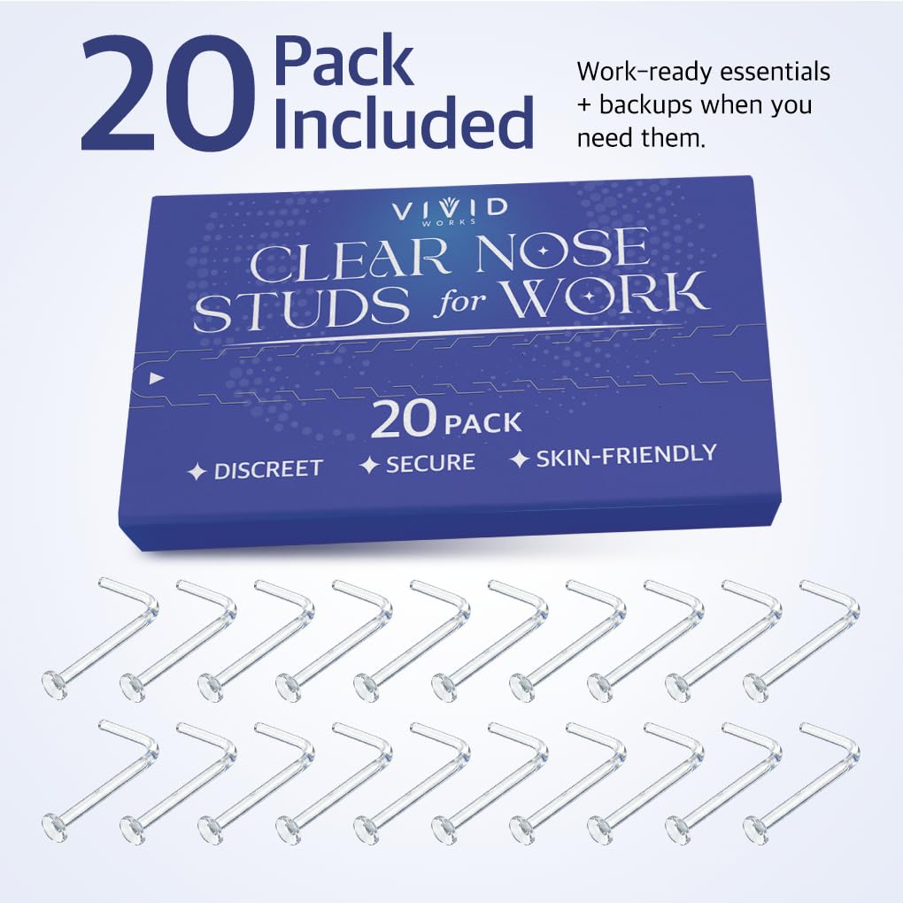 Vivid Works Clear Nose Studs for Work 20 Pack 18 Gauge - Clear Nose Rings 1mm | Invisible Flat Stud Plastic Piercing Retainer Cover for Surgery - Piercing Jewelry for Women and Men - 5