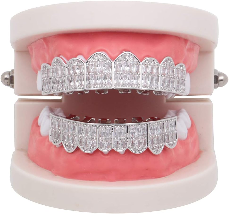 LuReen Gold Teeth Grillz Square Pave CZ 8 Teeth Top Bottom Man Women Grillz Diamonds Grillz+ 2 Extra Molding Bars for Halloween Costume Cosplay