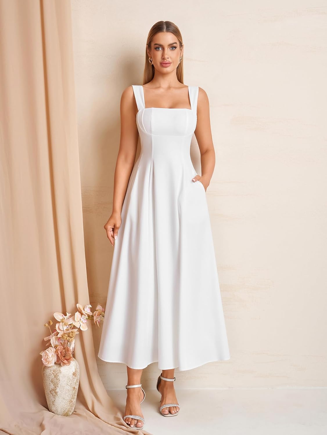 KUTUMAI Bow Tie Floral Corset Midi Dress Flowy Summer Tea Party Wedding Guest Dresses for Women Sundress with Pockets