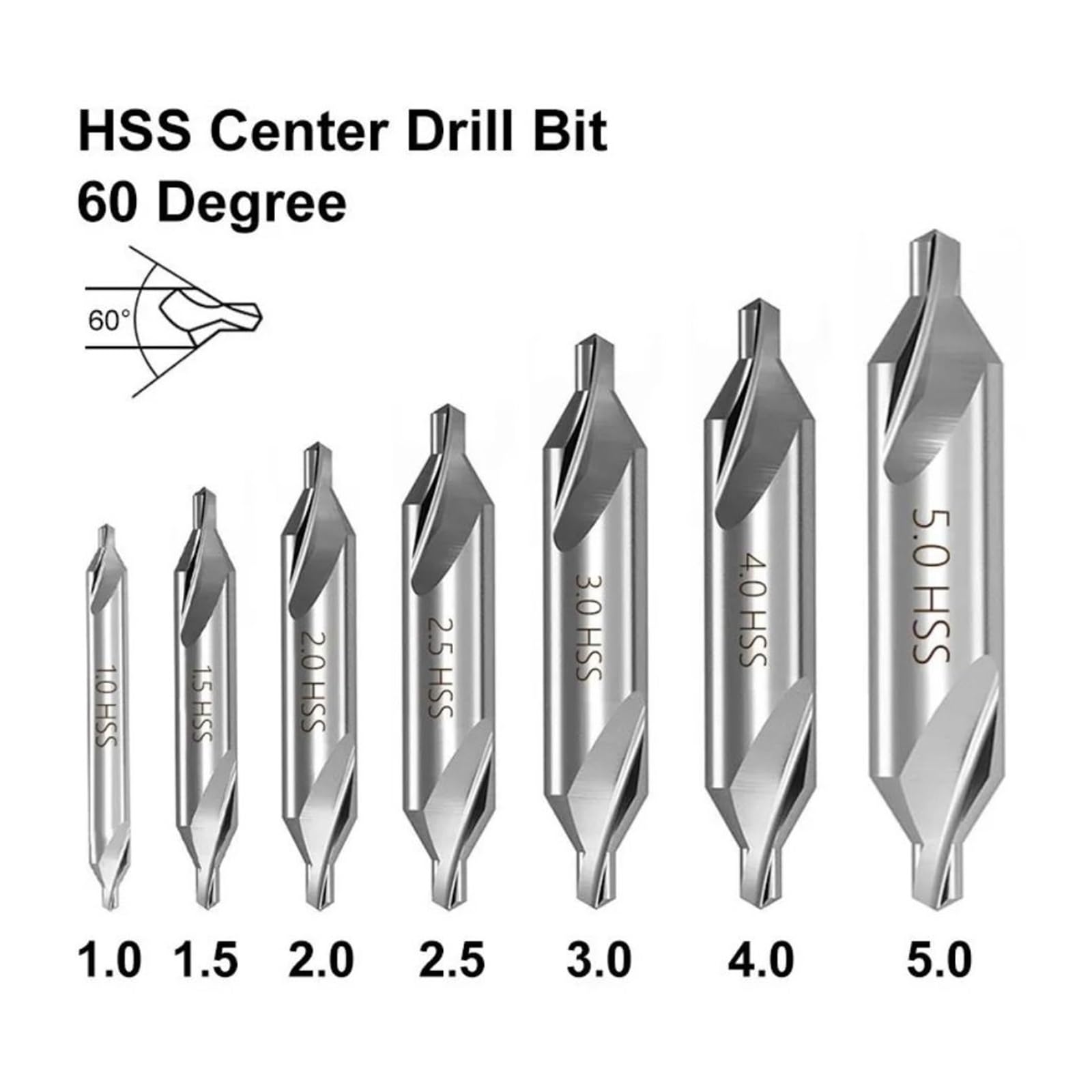 Brocas centrales Juego de 7/6 brocas de centrado HSS (acero de alta velocidad), broca de 60 grados, herramienta eléctrica for perforación de metal, for torno, metalurgia, 1/1,5/2/2,5/3/4/5 mm(7pcs)