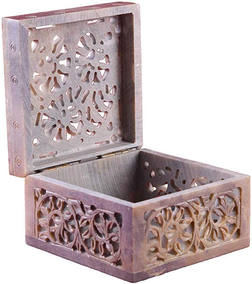 Handcrafted Soapstone Marble Jewellery Box | Decorative Trinket & Keepsake Storage Box | Handmade Indian Handicraft Gift | Size - 4 x 4 x 2.5 inches