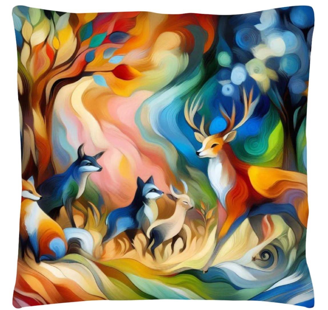 The Beach Stop Decorative Forest Animals Themed Colourful Accent Cushion Cover | Wild Deer & Fox Unique Abstract Home Decor Gift Idea | 45x45cm 18x18” | Forest Themed