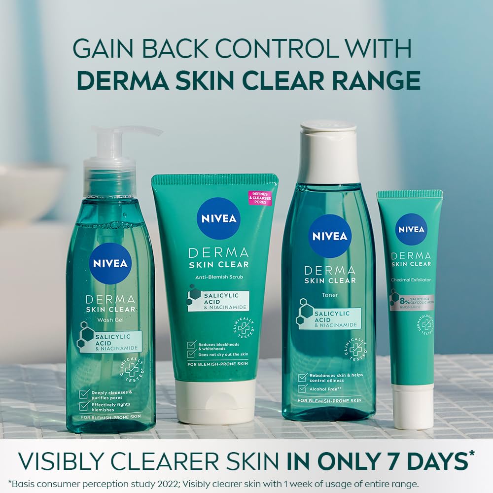 NIVEA Derma Skin Clear Anti-Blemish Peeling 150 ml – Exfoliating Clarifying Gel with Salicylic Acid, Sea Salt & Niacinamide for Pore-Refining Face & Body Care