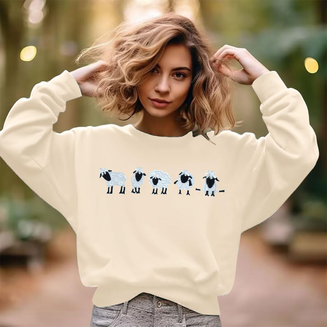 LUKYCILD Gesticktes Schaf-Sweatshirt für Damen, niedliches Bauernhof-Hemd, lustiger Tierpullover, lässig, Grafik, langärmeliges Oberteil