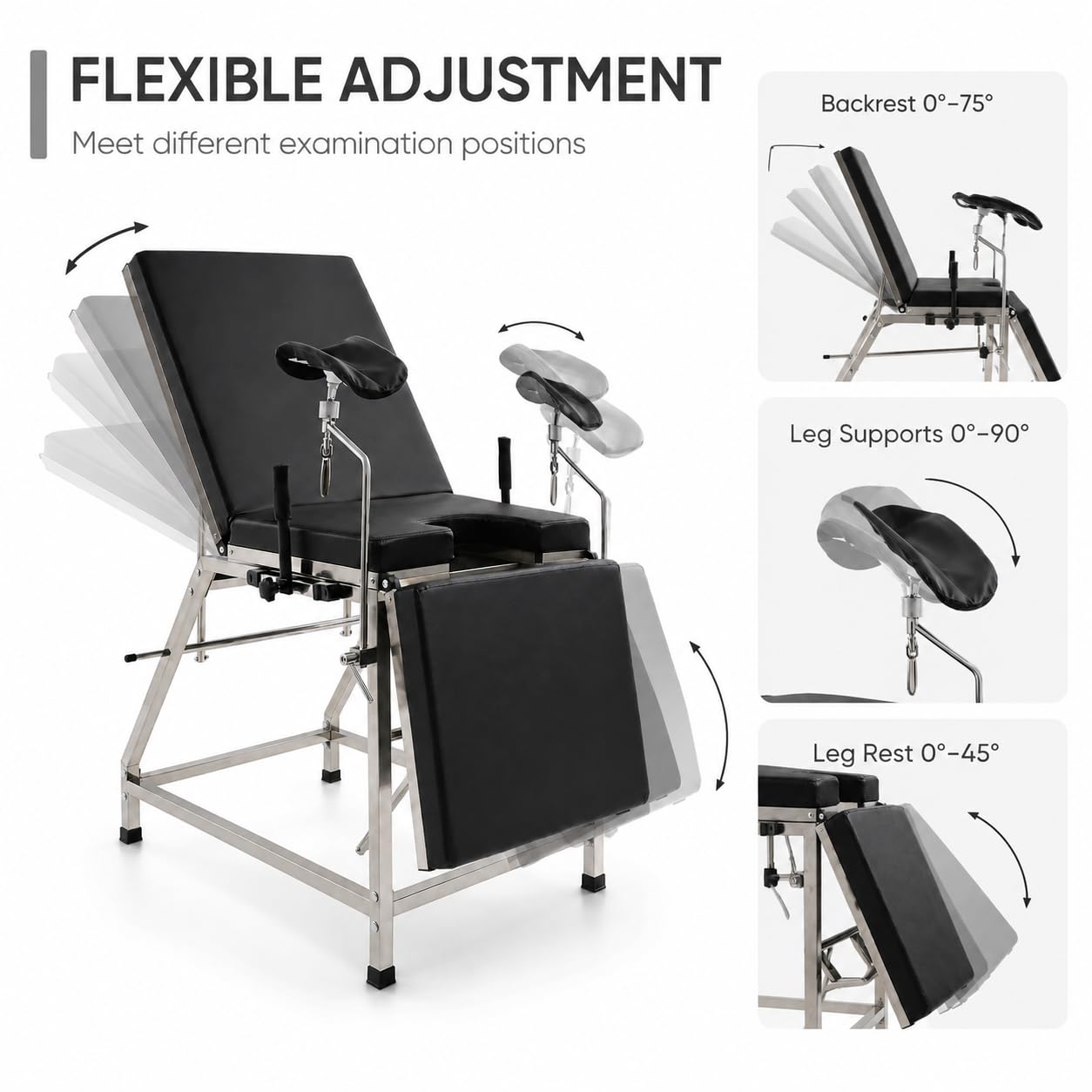Gynäkologischer Stuhl, Edelstahl verstellbar, 200kg Tragfähigkeit | Für Kliniken und Praxen, Hygienisch Leicht zu Reinigen, Stabile Edelstahlkonstruktion, Ergonomische Polsterung
