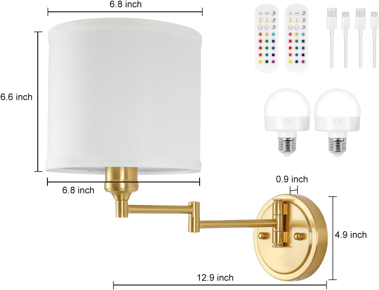GOODATE Battery Operated Wall Sconce with Remote Control, 15 Colors Dimmable Wireless Wall Sconces Set of Two, Rechargeable Cordless Wall Sconce Light, Swing Arm Wall Lamp with White Fabric Shade