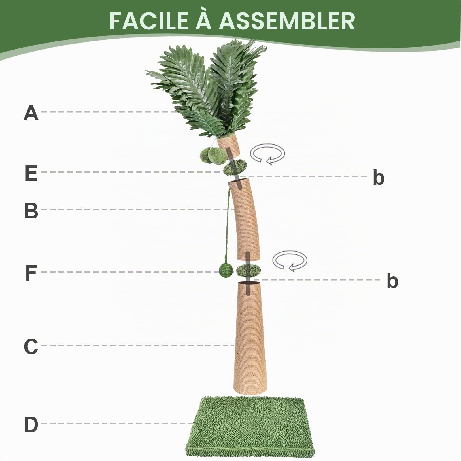 Arbre à chat de 102 cm de haut, arbre à chat avec design courbé, griffoir avec 3 balles interactives, corde de sisal naturel pour arbre à chat pour chats d'intérieur adultes et chatons, combinable