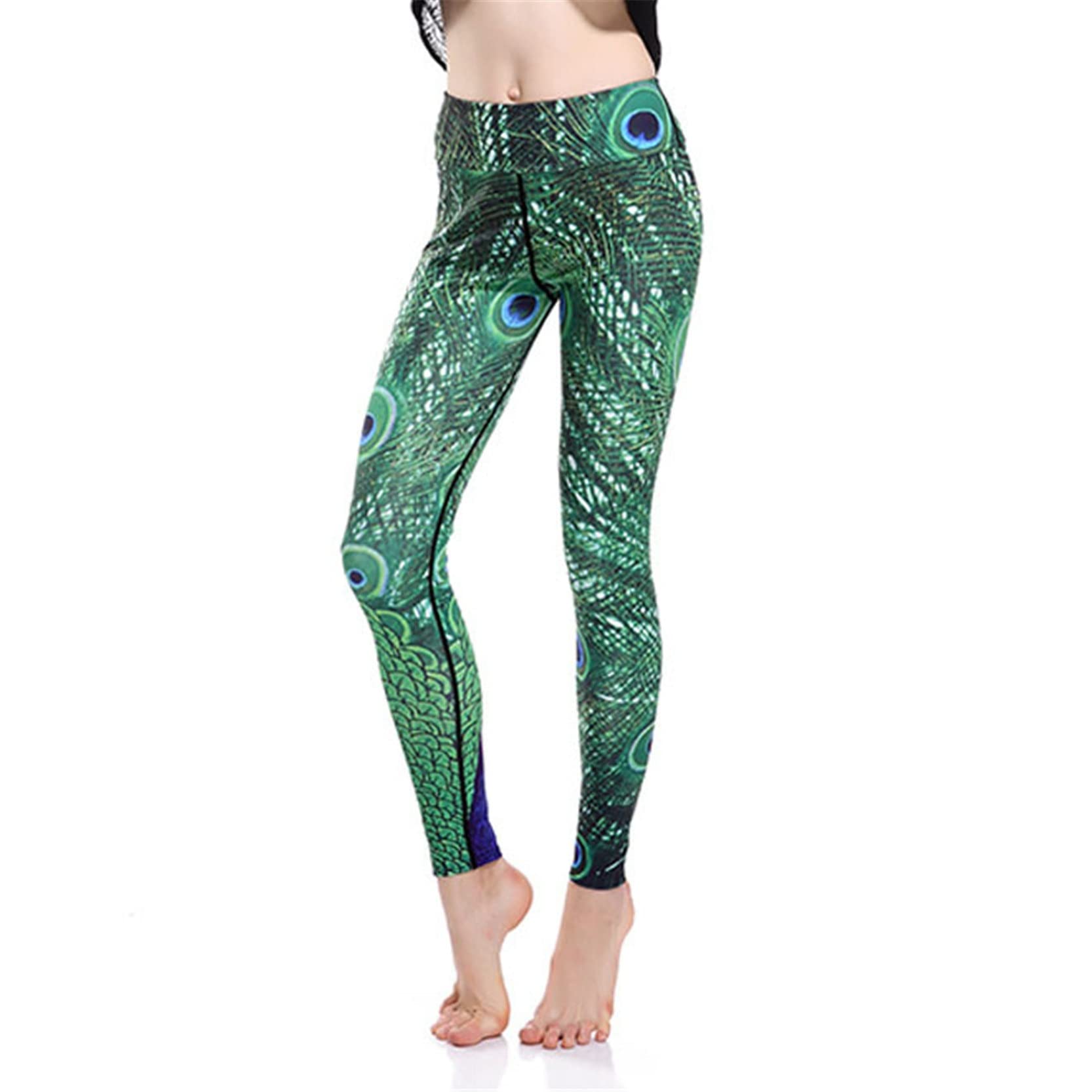 Leggins Mujer Push Up Pantalones Fitness Mallas, Pavo de pavo real Impresiones de plumas Leggings Longitud de tobillo Levantamiento de culo Pantalones de yoga Pantalones deportivos flacos Seco rápido