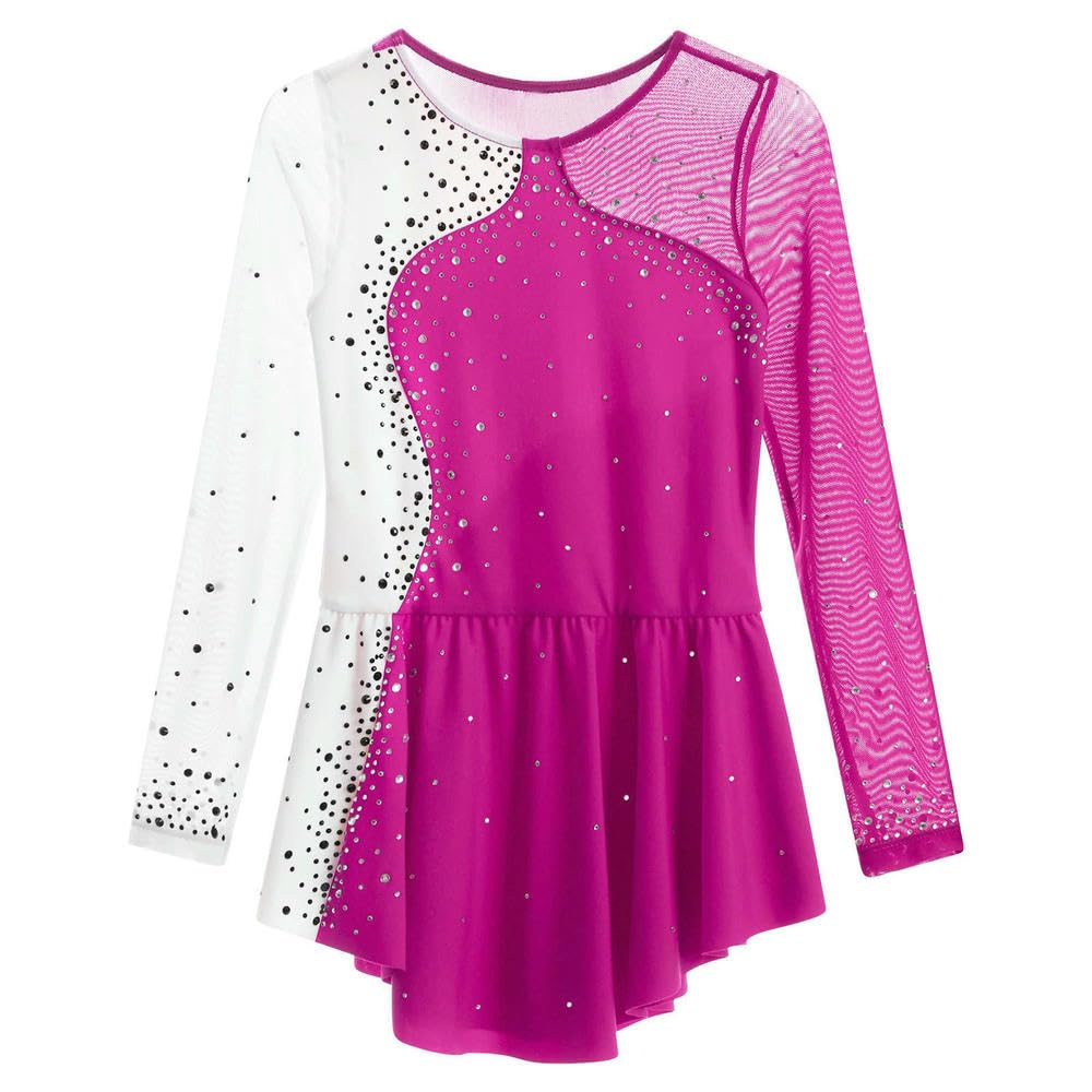 QXDZSW - Vestido de patinaje artístico para niñas, manga larga, con diamantes de imitación, vestido de gimnasia, leotardo, ballet, danza, actuación