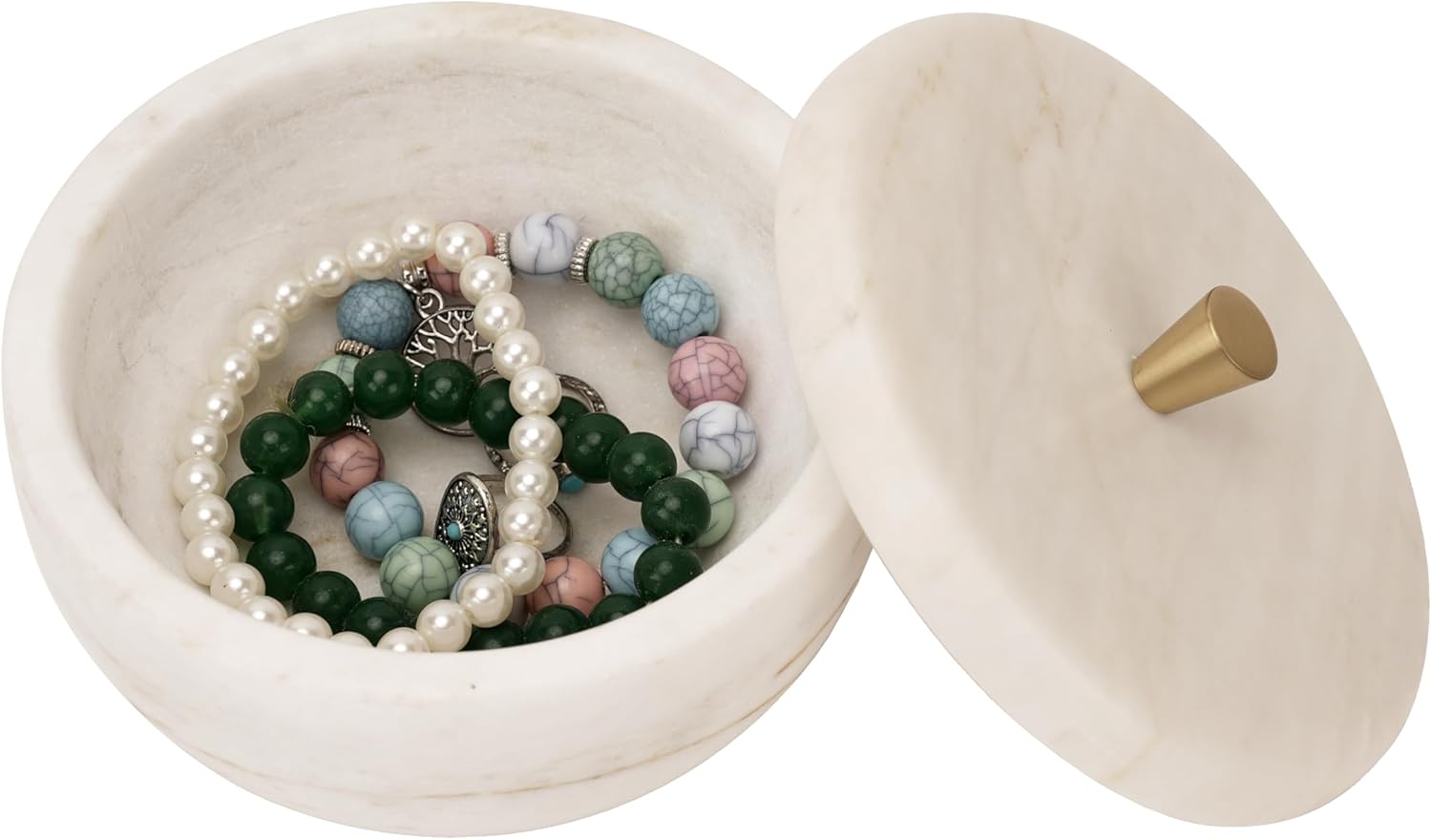Spiretro White Marble Storage Box with Copper Knob – Round Decorative Organizer for Jewelry, Trinkets, Bathroom or Office – Natural Marble with Soft Padded Bottom, 5" Diameter x 3.7" H, 3.3 lb