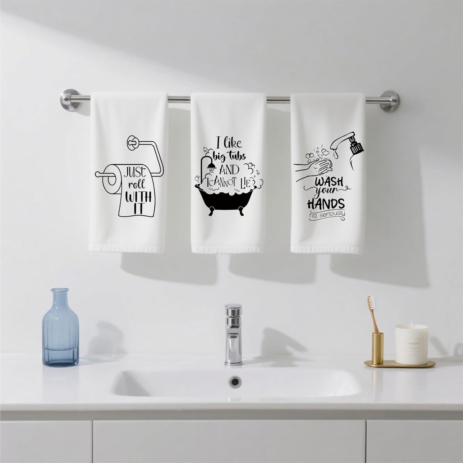 Funny Decorative Bathroom Hand Towels Set of 4, 16×24 Inch Embroidered Cotton Bathroom Decor Towels, Black and White Hand Towels for Bath Decor Thanksgiving Christmas Housewarming Gifts - Image 4