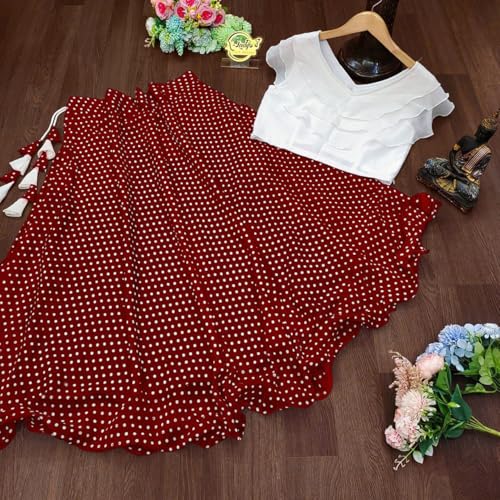 Image of Classic Flared Long Floor Length Georgette Skirt for Women /Girls and Lycra Crop-Top Set || Polka Dot Skirt || Elegent Design || Drawstring Band