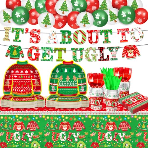 176 PCS Ugly Sweater Party Decorations - Christmas Party Supplies Includes Plates Napkins Cups Forks Knives Banner Tablecloth Balloon Garland Kit for Christmas Party Decorations Serves 25