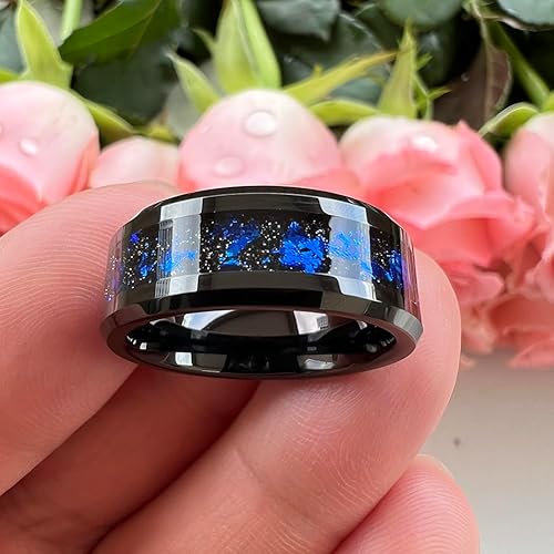 Miniatura 3 de Anillos de tungsteno de 8 mm plateadonegro para hombres y mujeres, con incrustaciones de ópalo de la nebulosa de Orión, acabado en láminas de oro