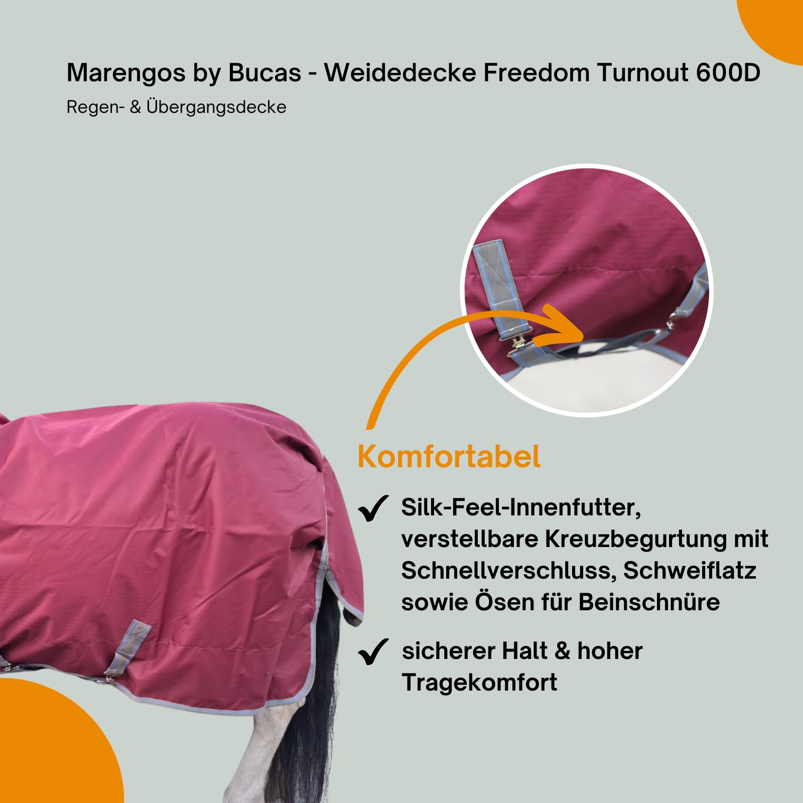 Marengos by Bucas - Weidedecke Freedom Turnout 600D – Regendecke & Übergangsdecke – wasserdichte Pferdedecke mit Innenfutter & Kreuzbegurtung – Weinrot/Dunkelblau – 155cm (ohne Füllung)
