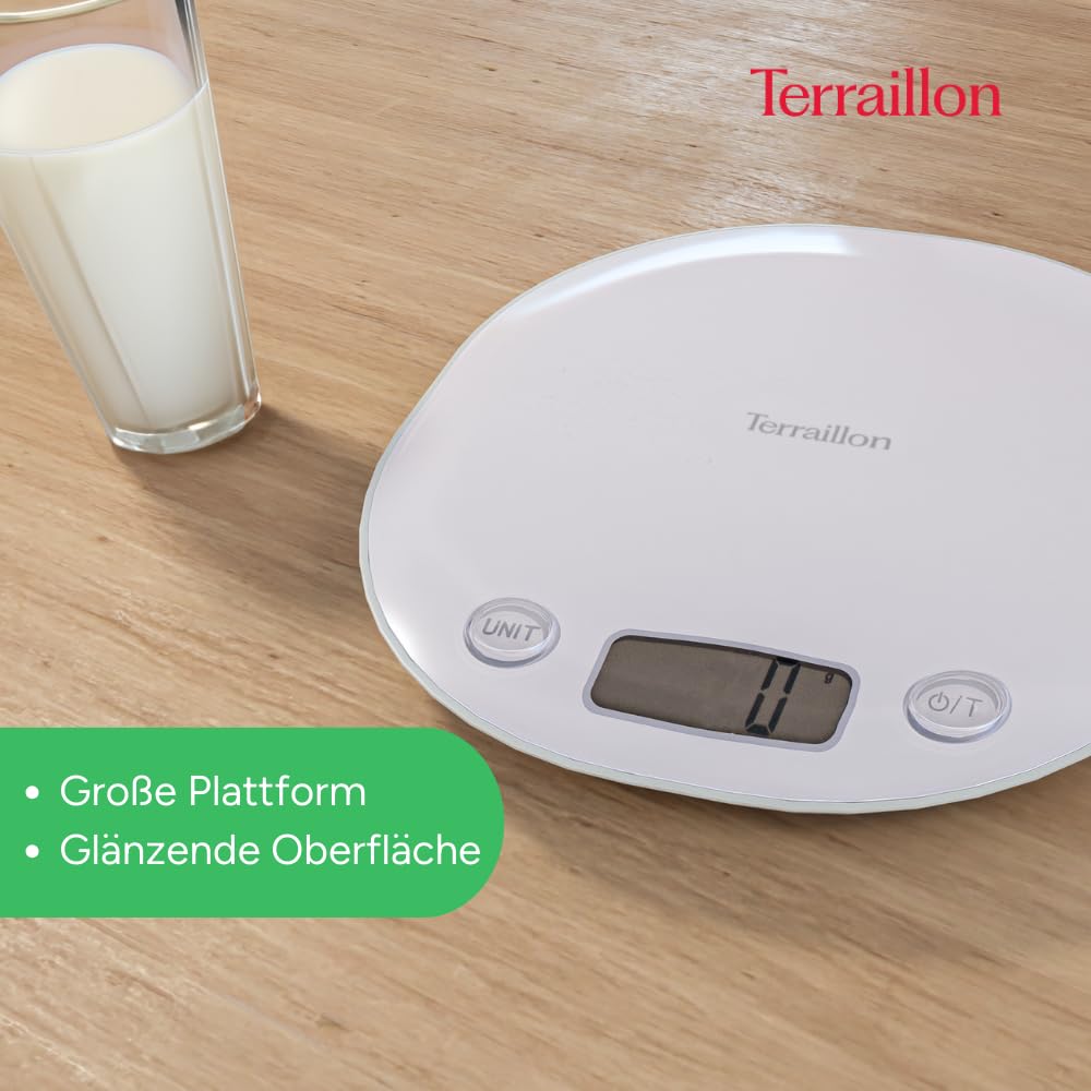 TERRAILLON elektronische Küchenwaage – Tara, Flüssigkeitsumrechnung, integrierter Griff, Wiegebereich 5 kg, Genauigkeit 1g – Modell 'Macaron Inox' Meringe, Weiß