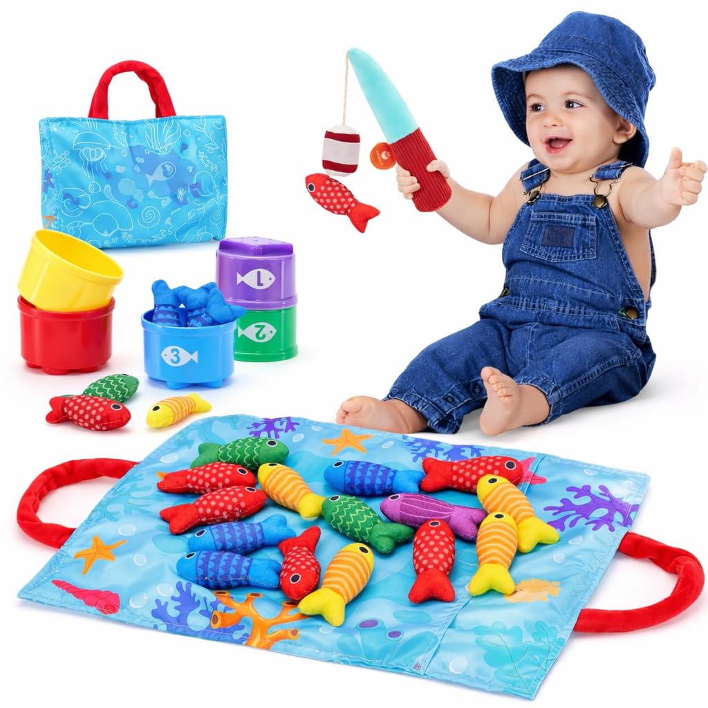 TOY LAB Montessori Toys for 1 Year Old, 10 in 1 Fabric Fishing Game for Kids Baby Toys for 1 2 3 Year Old Boys Girls, with Stacking Cups- Number Counting, Color Sorting, Shape Learning Baby Gifts
