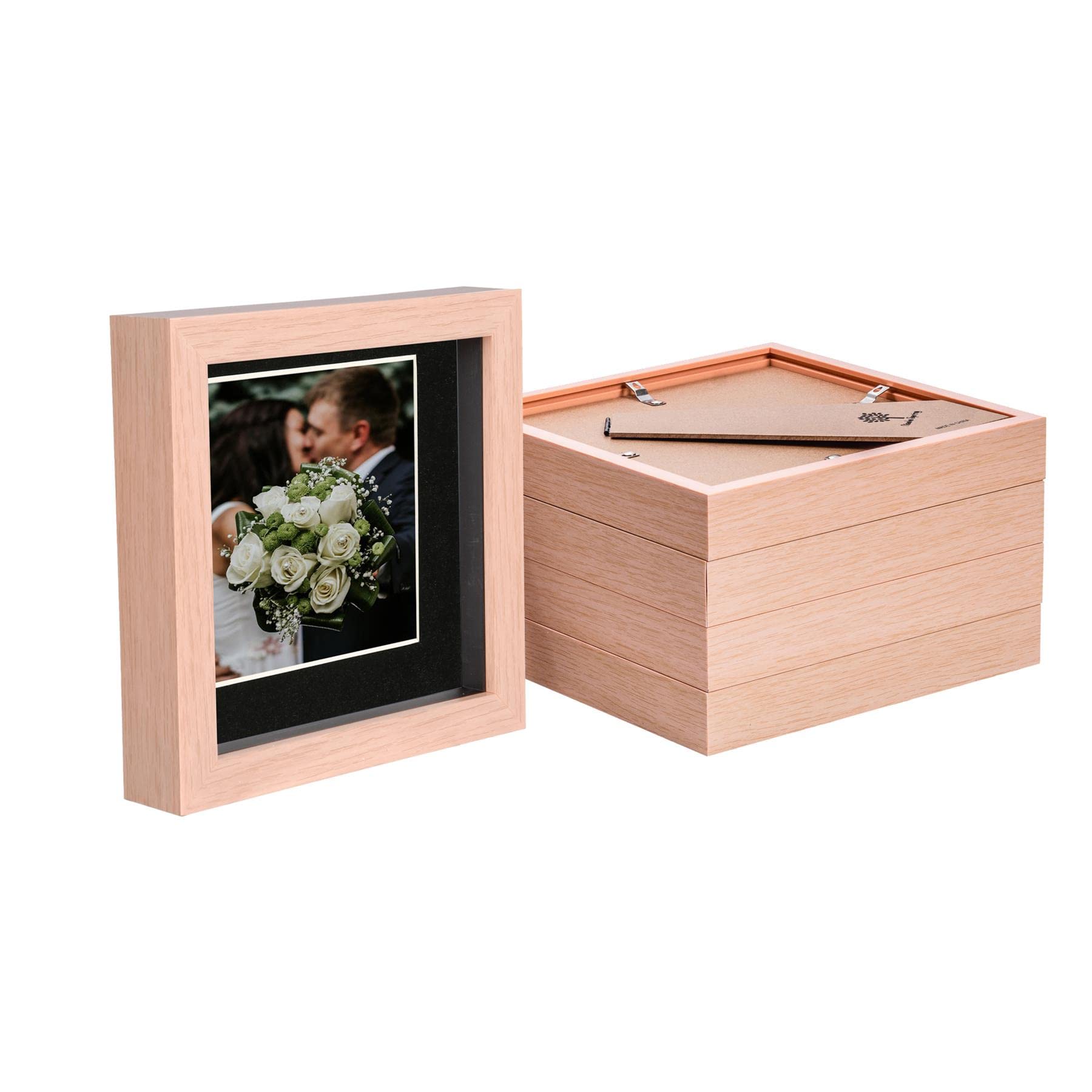 Nicola Spring Light Brown/Black 5X 6 X 6 Inch 3D Box Wooden Photo Frames With 4 X 4 Inch Mount - Standing Hanging Craft Shadow Memory Picture Display Case For Flowers Crafts Art Medal