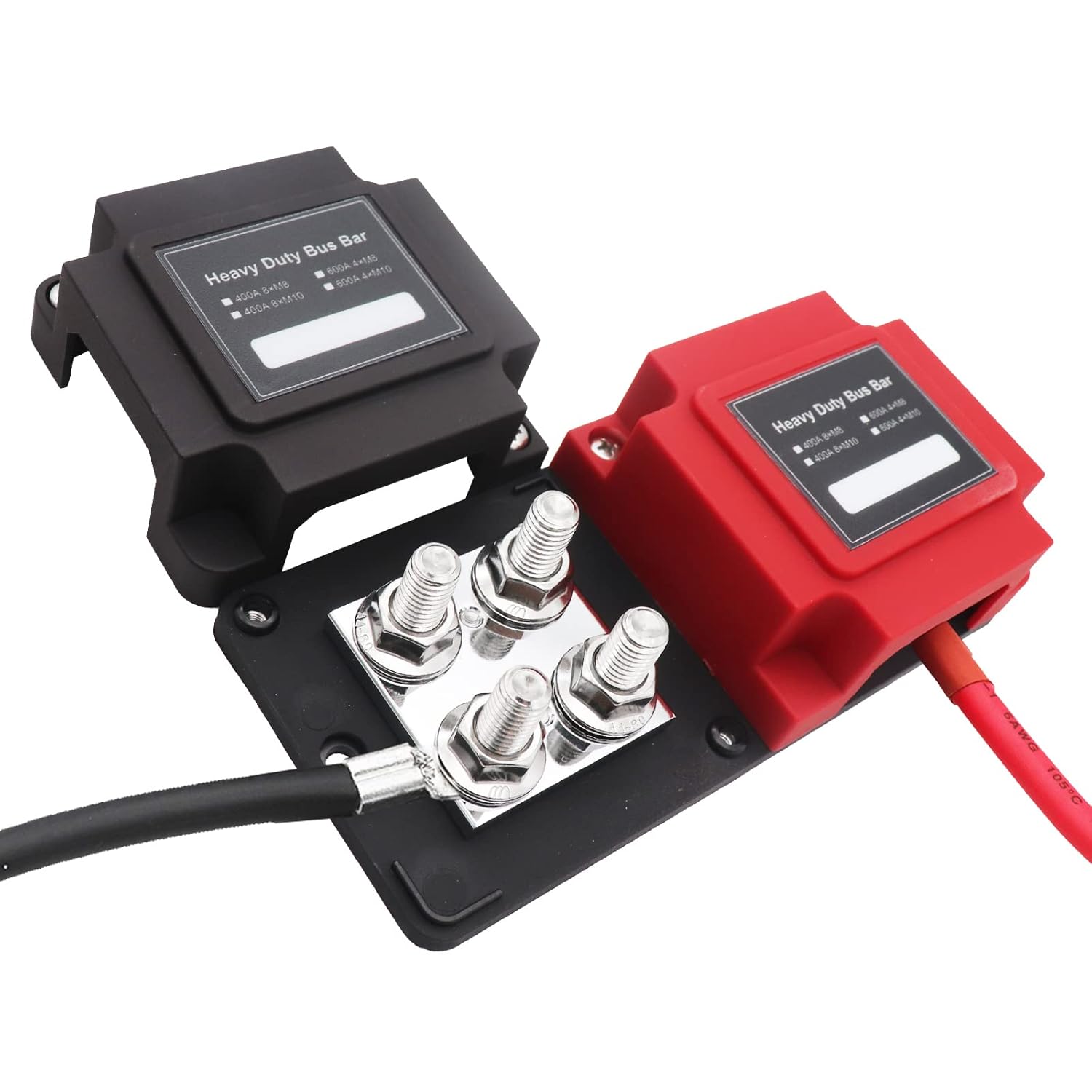 400A Power Distribution Block Bus Bar Pair with Cover Marine Bus Bar, Automotive, and Solar Wiring 8x3/8 M10 Studs Heavy Duty Power