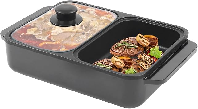 Hot Pot with Grill,2 in 1 Indoor Non-Stick Electric Hot Pot and Frying Pan,Independent Temperature Control,Portable Multifunctional Smokeless Korean BBQ Grill for 1-2 People Black