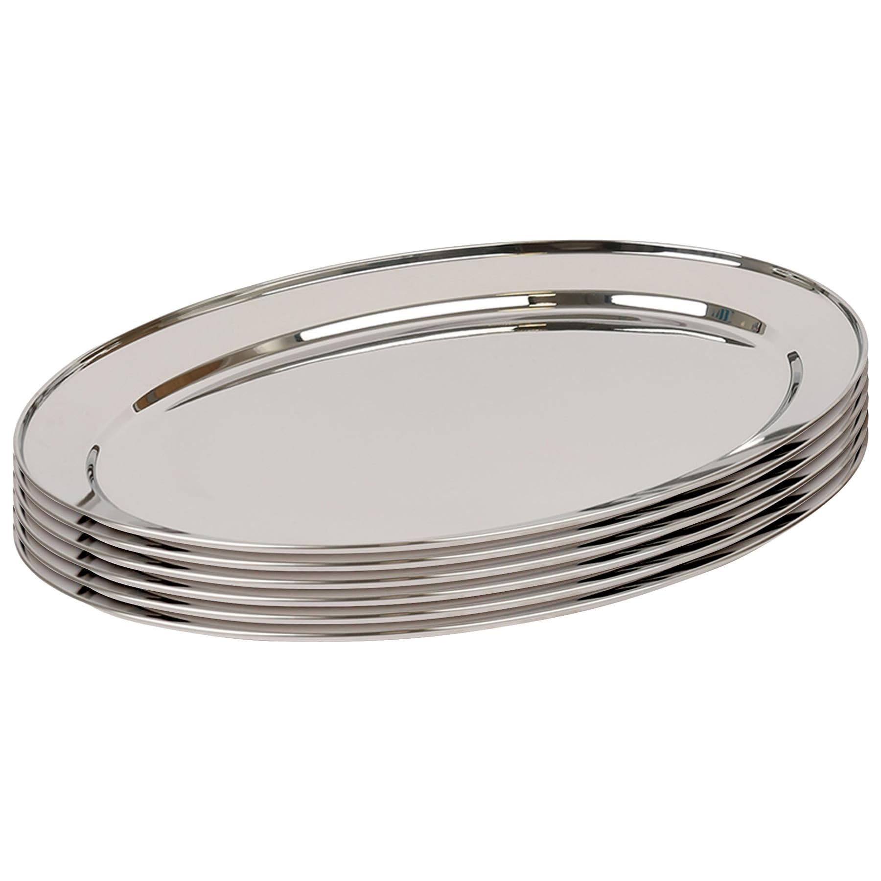 Argon Tableware 60 x 41cm Serving Platters - 6 Pack - Stainless Steel Chrome Dinner Tray Oval Plate Extra Large Appetizer Serving Dishes for Party, Events, Table Service, Snack Platters