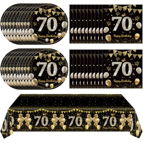 41pcs 70th birthday decorations for men women black gold 70 year old birthday party supplies include 20 plates 20 napkins and 1 tablecloth black gold 70 aged birth party tableware