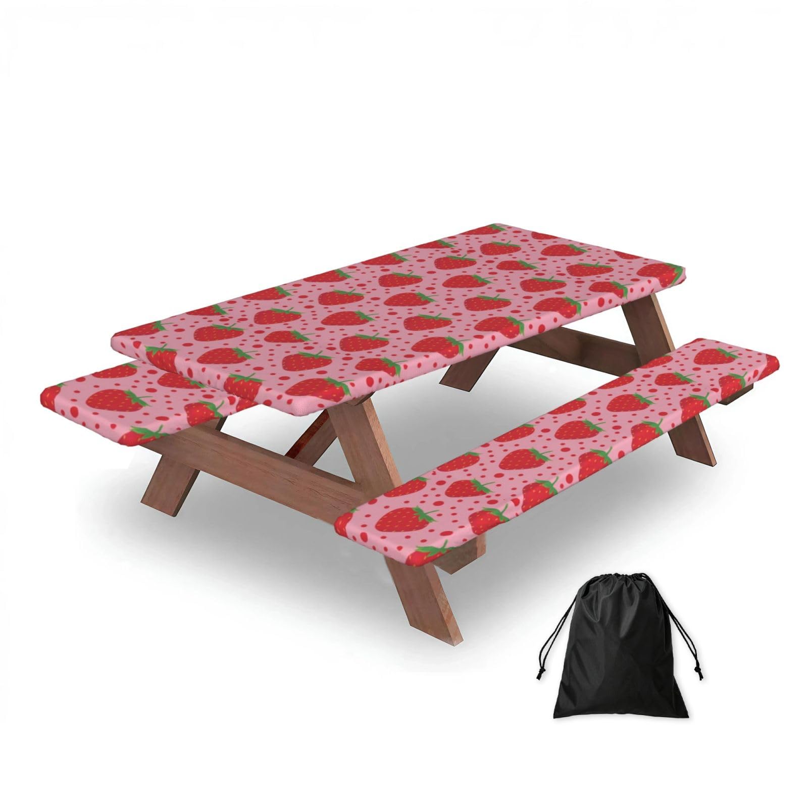 Red Strawberry And Polka Dot, Picnic Table Cover With Bench Covers -Waterproof Elastic Fitted Tablecloth for Garden Camping Patio 76x152cm