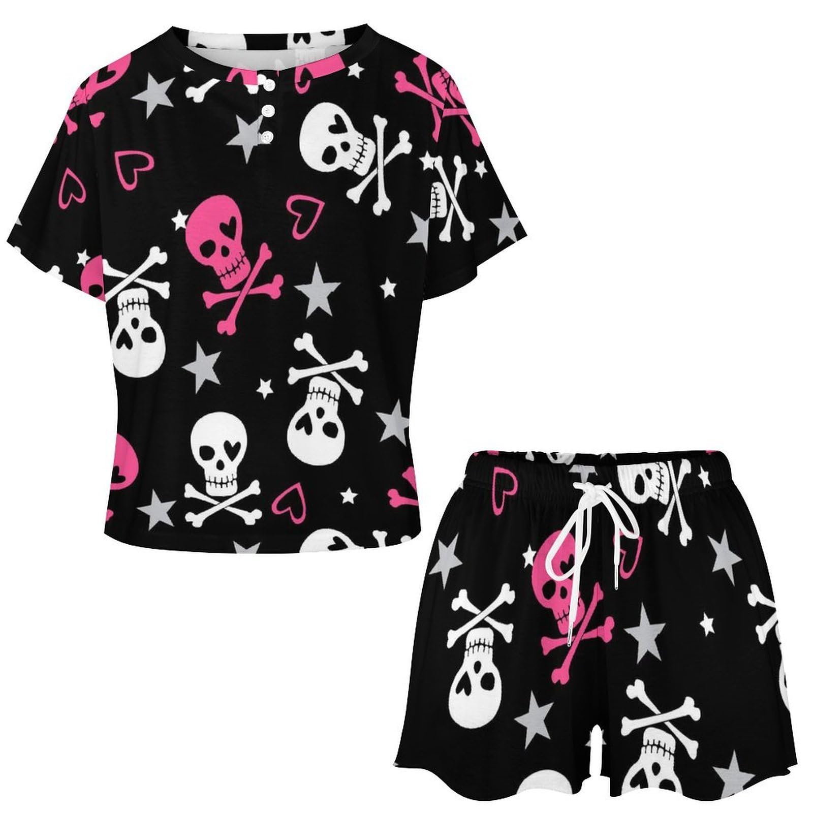 Couleur Crâne Ensemble De Pyjama pour Femme Manches Courtes Vêtements De Nuit Ete Sleepwear