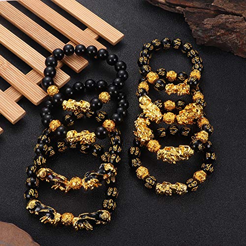 Cassieca 8Pcs Feng Shui Good Luck Bracelets For Men Women Feng Shui Black Obsidian Wealth Bracelet Adjustable Elastic Attract Wealth Money Pi Xiu Bracelet With Gift Bag #TOP4