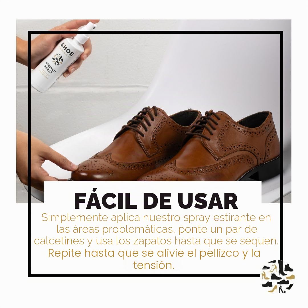 Shoe Clinic Espray ensanchador de zapatos | Para estirar y suavizar | Apto para cuero, ante, nobuk y lona | Ayuda a dar de sí el calzado rígido o estrecho | Alivia los puntos de presión | 125 ml