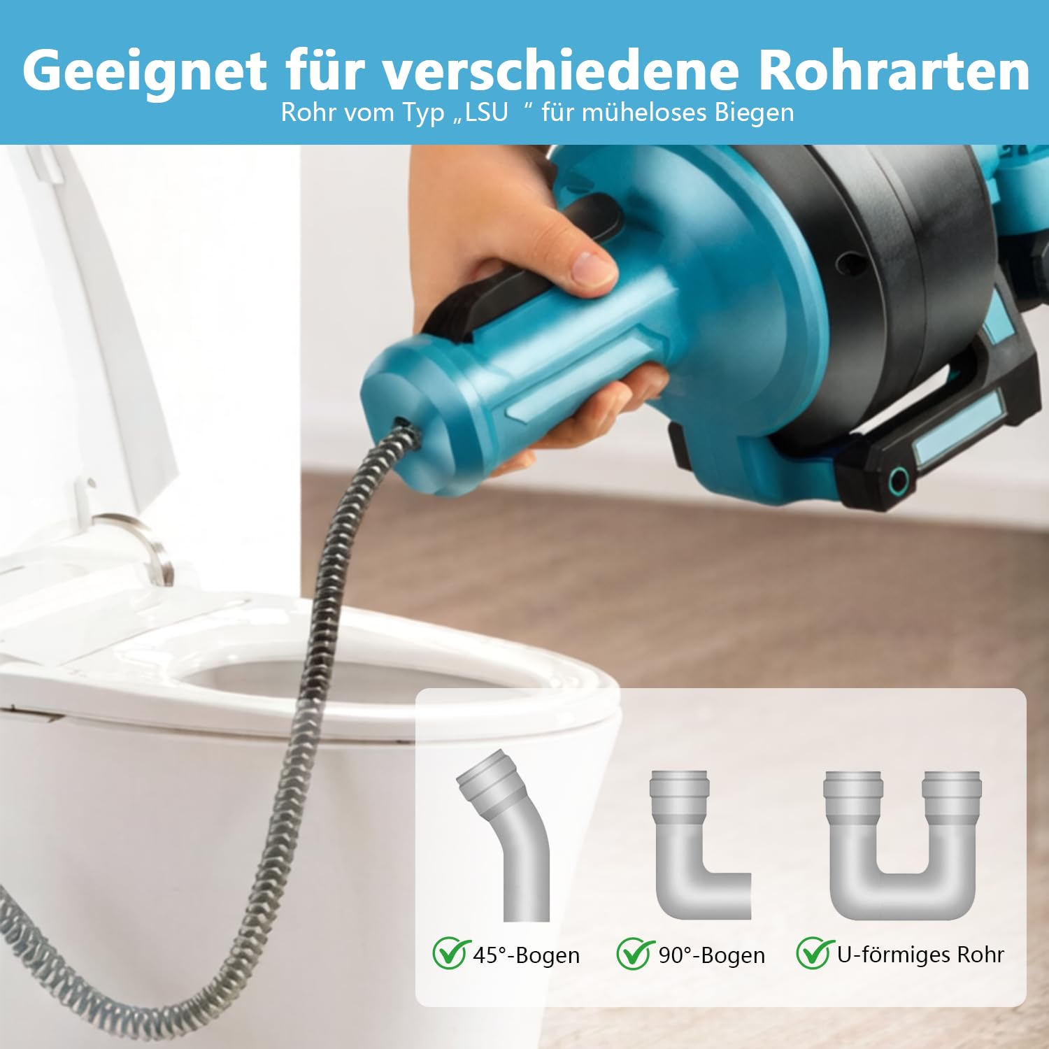 Akku Rohrreinigungsmaschine für Makita Batterie, Elektrisch Rohrreinigungsspirale Abflussreiniger für Ø20-75mm Küche Bad Toilette Rohrleitung mit 7m Automatisch Einziehbarem Stahlspiralenkabel