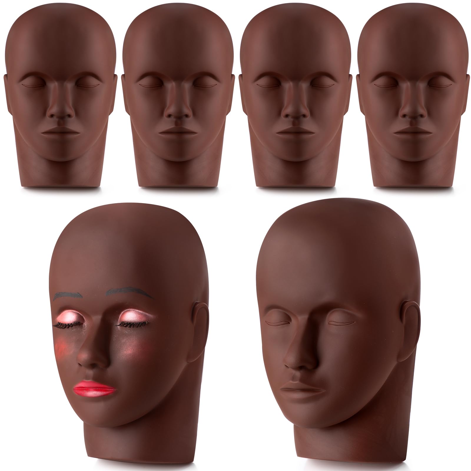 Reginary 6 Pcs Lash Mannequin Head Silicone Plastic Makeup Training Heads for Makeup Eyelash Grafting Massage and Esthetics Practice(Brown)