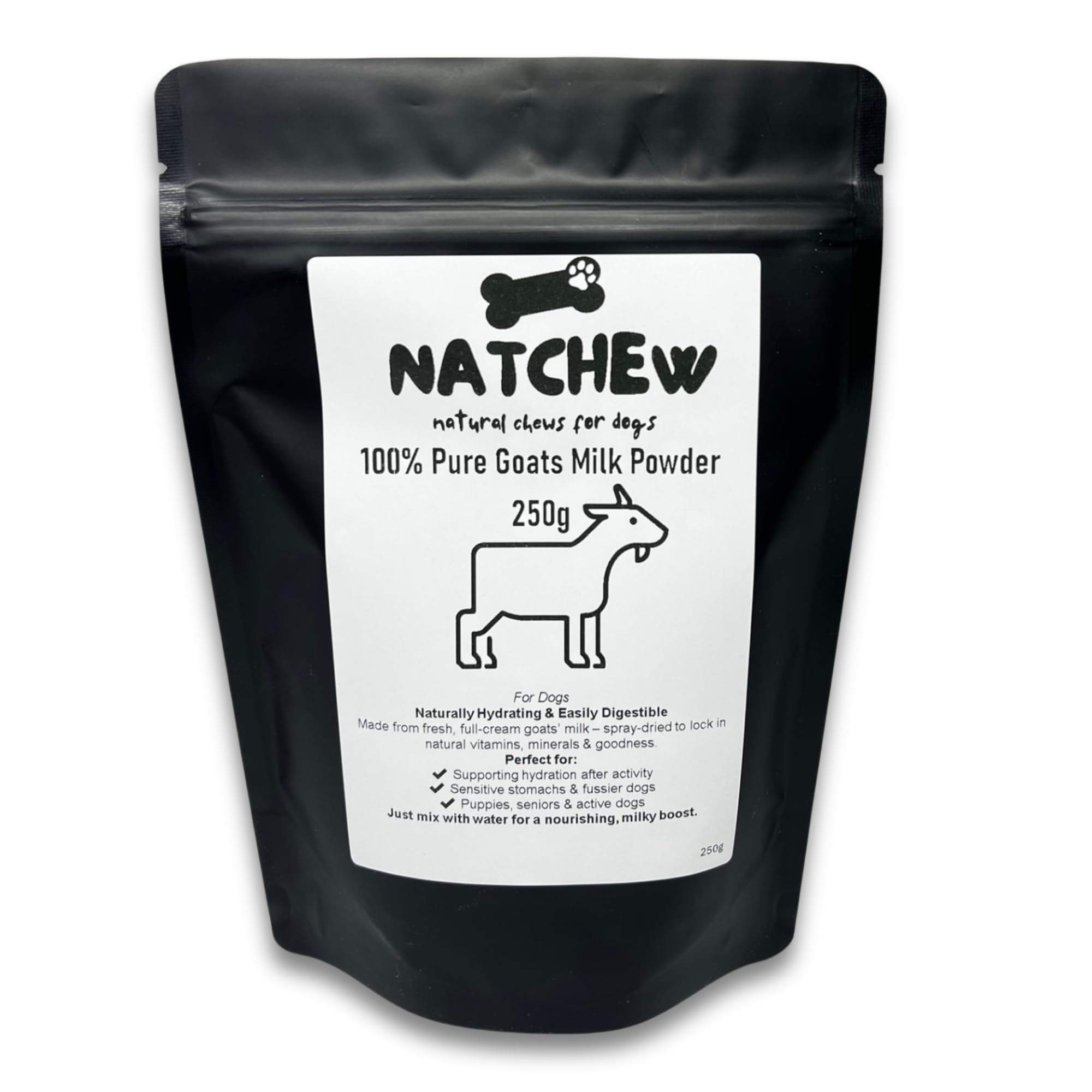 NATCHEW 100% Pure Goats Milk Powder for Dogs – 250g | Natural Hydrating & Digestive Support | No Additives | Complementary Feed for Puppies, Seniors & Active Dogs