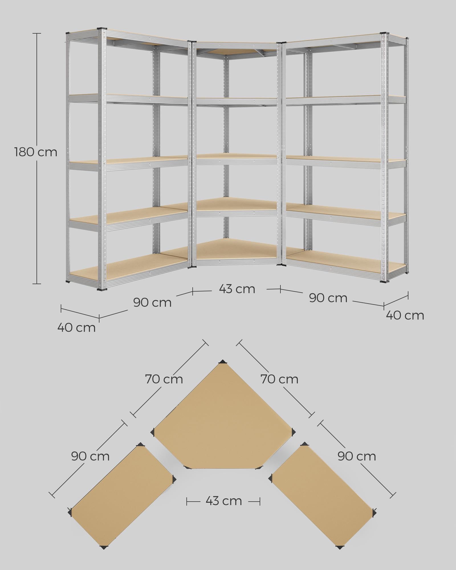 SONGMICS Eckregal-Set 5 Ebenen, Schwerlastregal, Metall, Lagerregal für Garage, Abstellraum, Kellerregal, bis 2625 kg belastbar, silbern-naturbeige GLR070E03