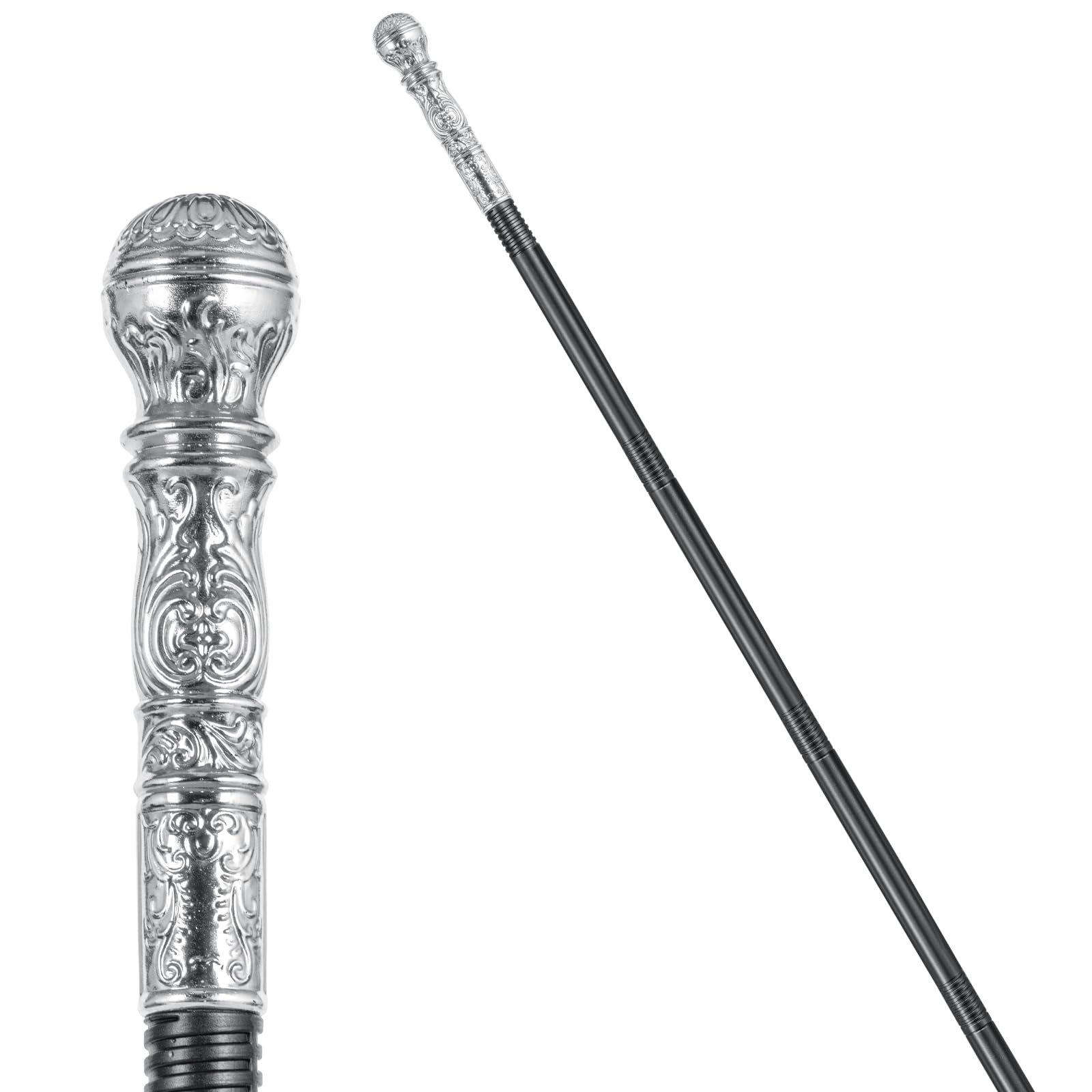 Halloween Vintage Cane Scepter Wizard Staff, 4-Section King Staff 55 inches Golden/Silver Elegant Prop Stick Scepter Walking Canes for Adult Dress-up play and pretend Parties (silver plated)