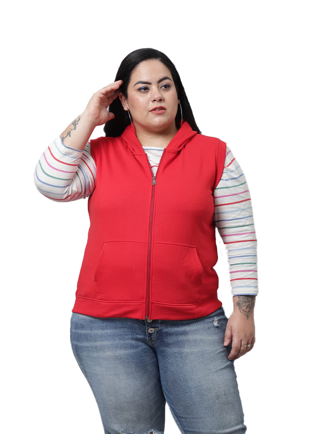 Women Solid Front Open Zipper Sleeveless Plus Size Hooded Sweatshirt-image-9