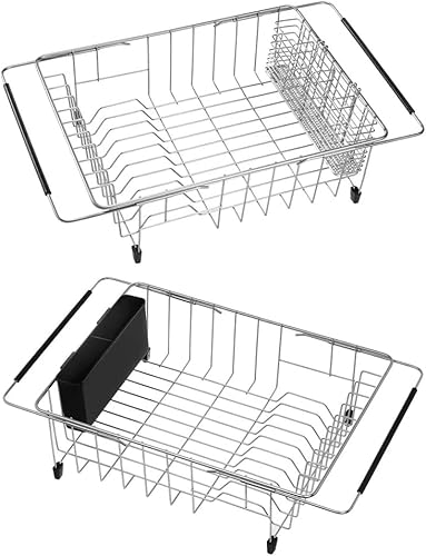 SANNO Escurridor de platos expandible, escurridor de platos grande, escurridor de platos expandible para organización de cocina, escurridor profundo