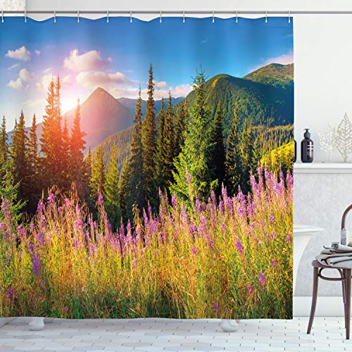 ABAKUHAUS Landscape Shower Curtain, Fall Scenery Picture in Mountains Flowers Alpine Trees Forest at Sunrise