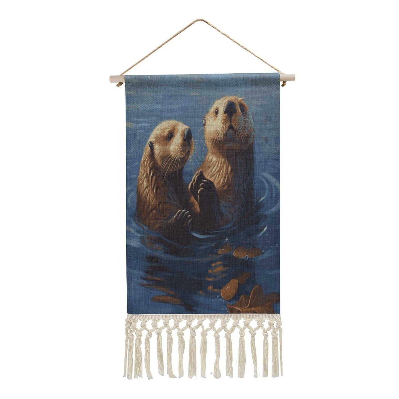 Adfgyerh Style Sea Otters Painting Tapestry With Tassels Cotton And Linen Hanging Posters, Wall Art For Travel Gift, Wall Tapestry For Office Home Decor Bedroom Living Room Decor