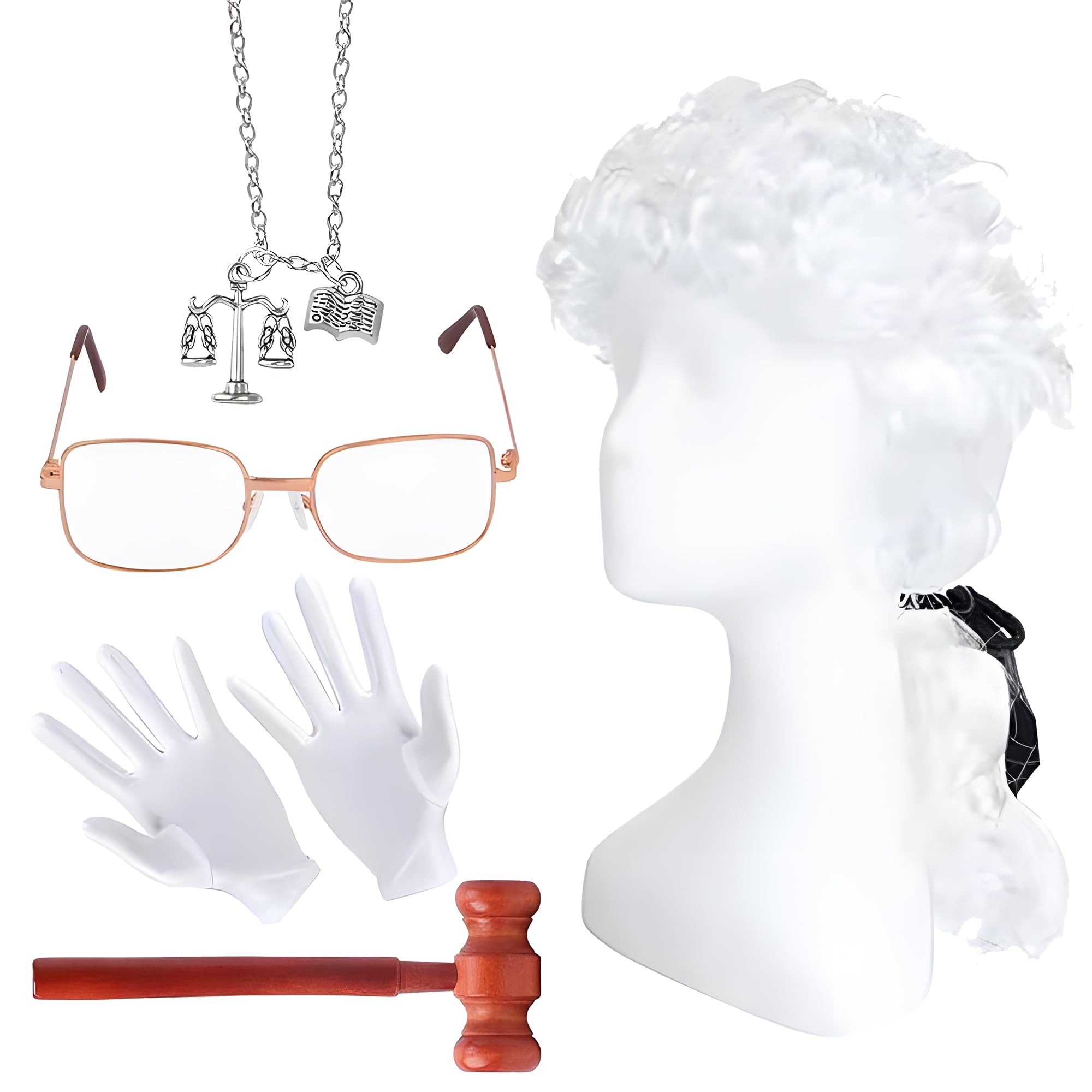 Jyeennar 5pcs Judge Costume Accessories Set,Including Wig, Necklace, Glasses, Gloves, Gavel for Adults,Wig Judge Costume for Carnival Role-playing, Party Costume Accessories Themed Party