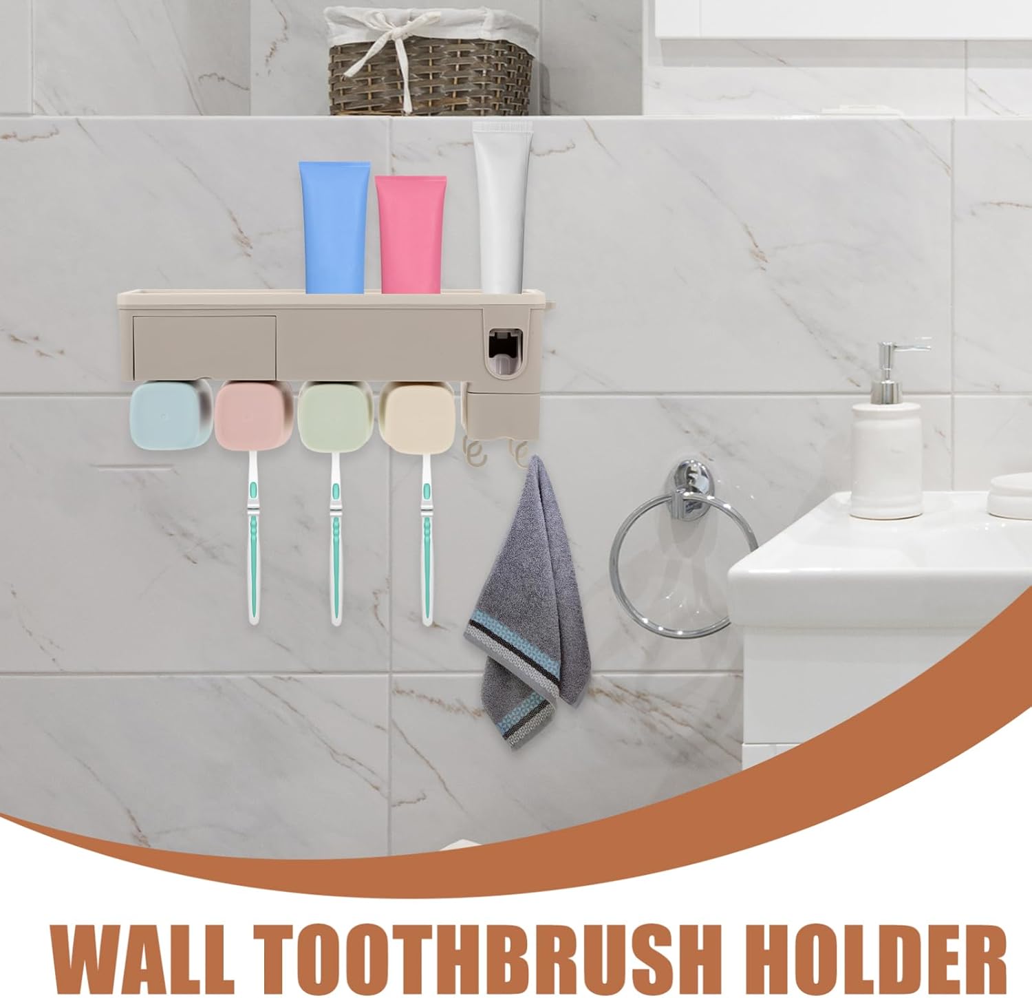 Auto Squeeze Toothpaste Holder Wall-Mount Toothbrush Rack Adhesive Space-Saving Multi-Functional Bathroom Organizer