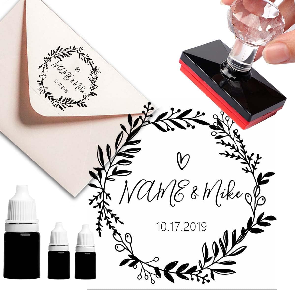 Custom Stamp Handmade with Love Stampin' Pads Heart and Fe Serie Address Business Stamps Labels Personalized Stamp (Pattern Style 4)