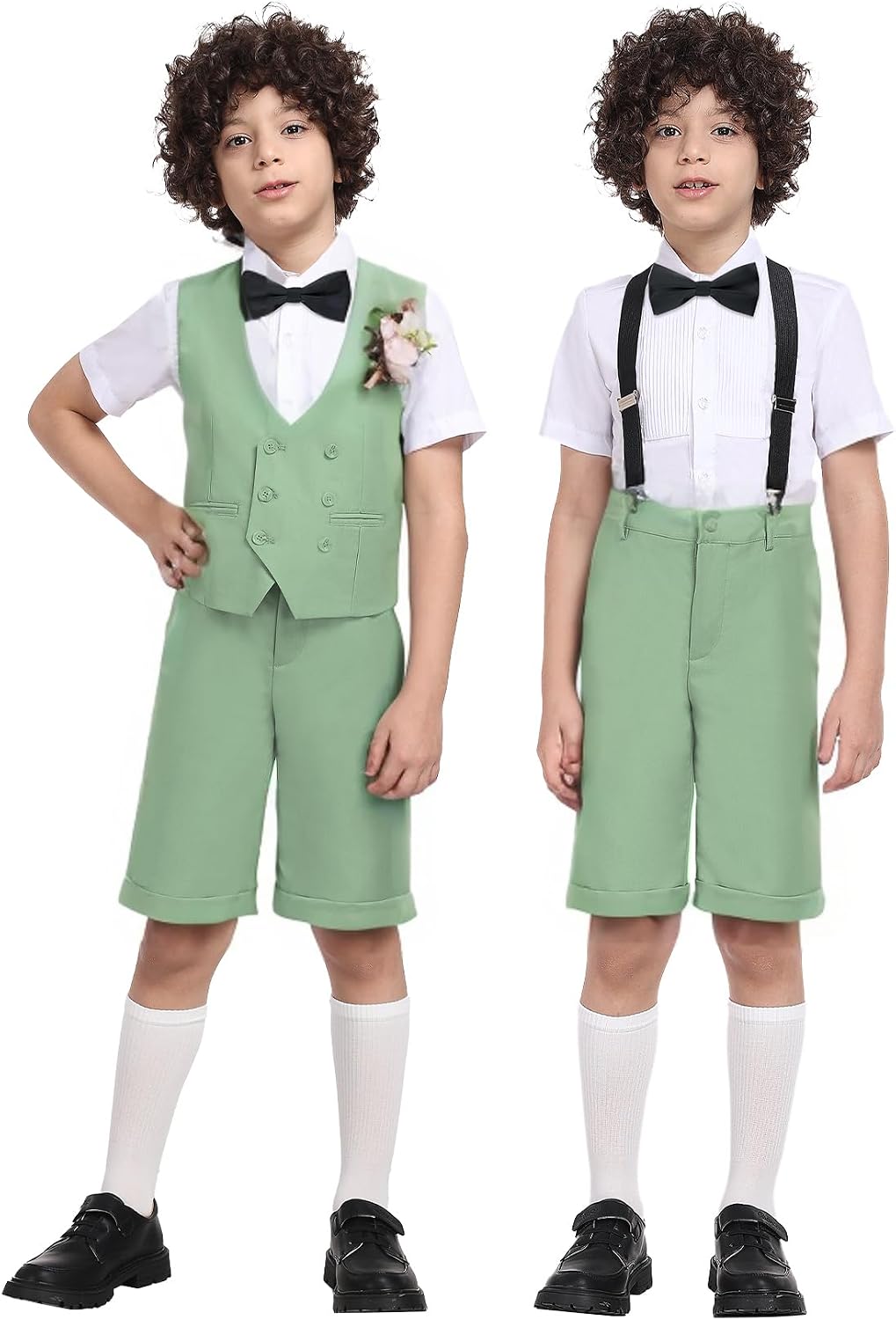 Boys Suit Kids Short Suit Tuxedo 6 Pcs Dress Clothes Short Sleeve Wedding Ring Bear Outfits Jacket Vest Shirt with Bow Tie