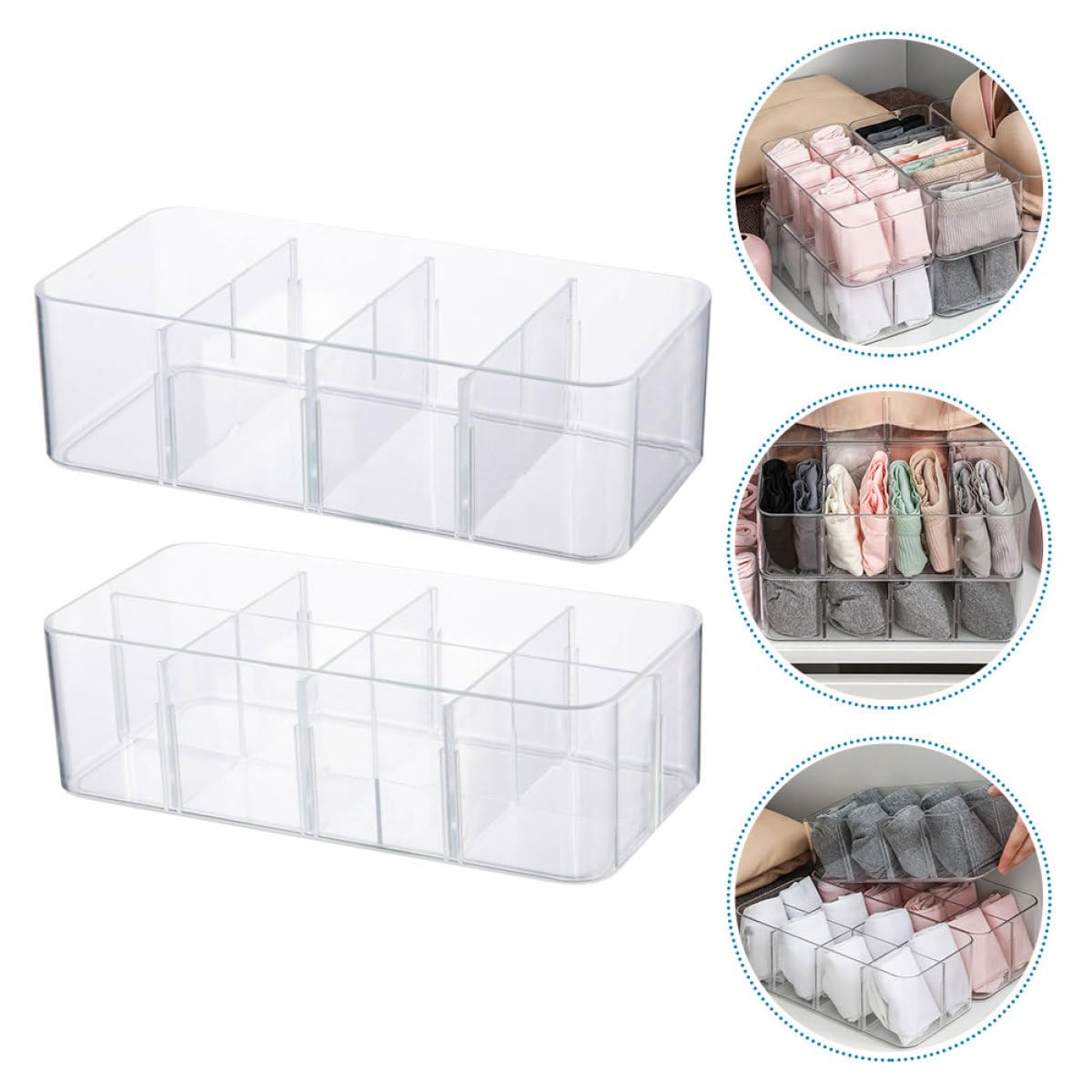 DECHOUS Boîte de Rangement Transparente Couvercle pour-Vêtements et Chaussettes 2 Pièces Organisateur à Plusieurs Compartiments pour Armoire et Dressing 8.2X13X8.2Cm