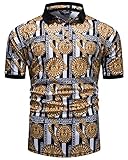 fohemr Mens Luxury Polo Shirts Black Gold Short Sleeve Baroque Chain Print Casual Wicking Golf Flower T-Shirt Medium
